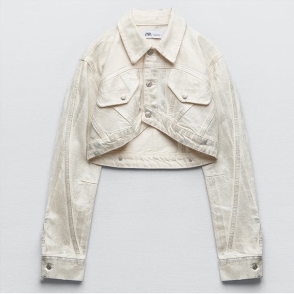 Zara Off-White Metallic Cropped Denim Jacket